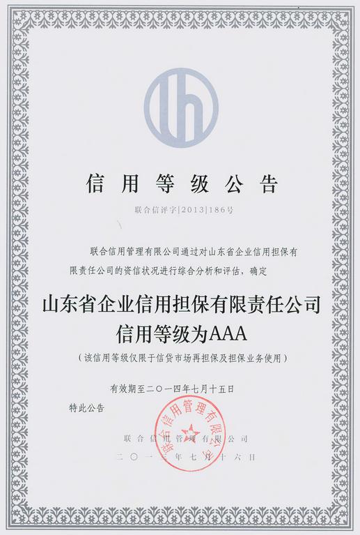 山东省企业信用担保有限责任公司被评定为AAA级担保机构封面